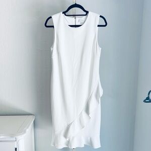 Calvin Klein Off-white Fitted Sleeveless Asymmetrical Ruffle Front Dress, 8